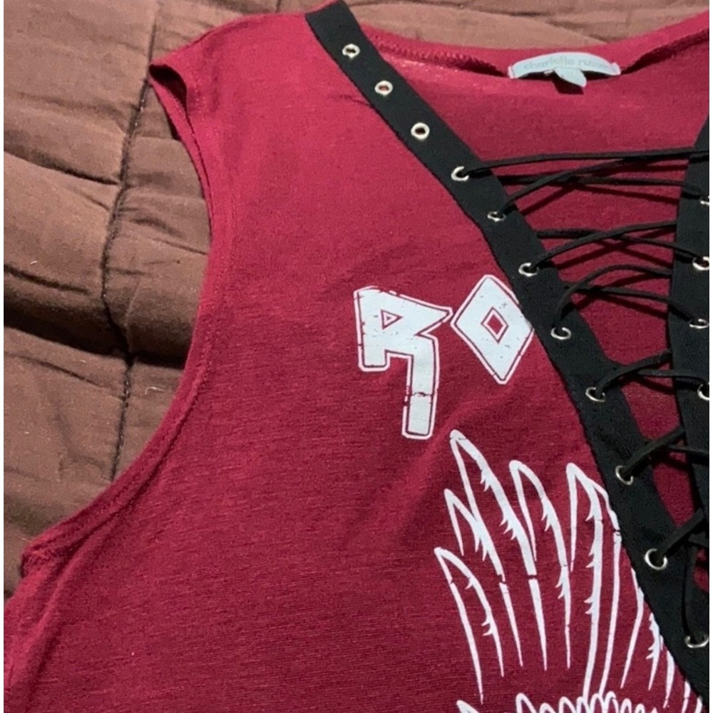 Charlotte Russe Rock & Roll Eagle Graphic Lace Up Grommet Sleeveless Top Red M - Picture 6 of 8